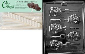 Cybrtrayd 45St25-H121 Scary Skull Lolly Halloween Chocolate Candy Mold with 25 4.5-Inch Lollipop Sticks