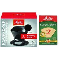 Melitta Pour Over Coffee Cone Brewer &amp; #2 Filter Natural Brown Combo Set, Black N3