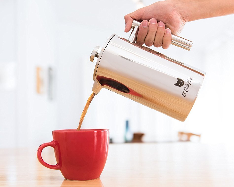 Premium Stainless Steel French Press With Lustrous Shine Polish - El Gato Malo Coffee & Tea Maker - 34oz / 1L N7