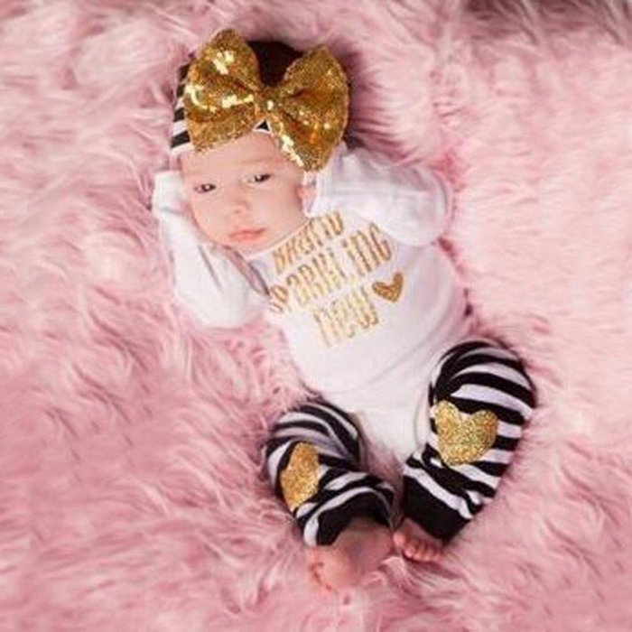 Clothes Set ,BeautyVan 3Pcs Newborn Baby Set Clothes Print Romper Bodysuit Leg Warmer Outfits Gift (9M, Gold) N3