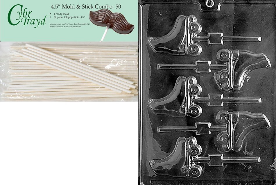Cybrtrayd 45St50-S001 Roller Skates Lolly Sports Chocolate Candy Mold with 50 Cybrtrayd 4.5-Inch Lollipop Sticks