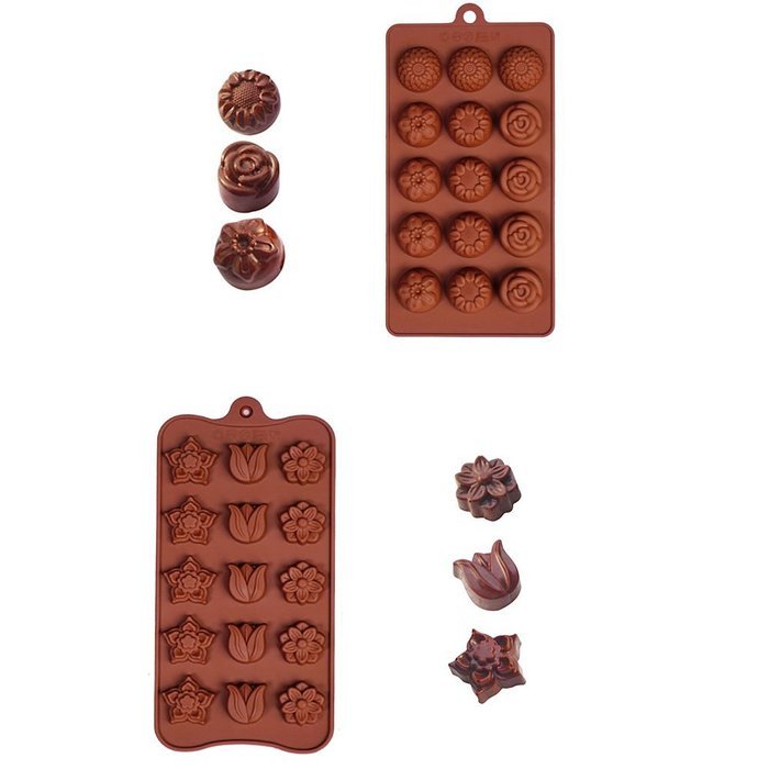 Poproo Flower Shaped 3-piece Candy Molds Set 15-cavities Chocolate Ice Cube Mold, Tulip Rose Sunflower Lotus Shapes N7