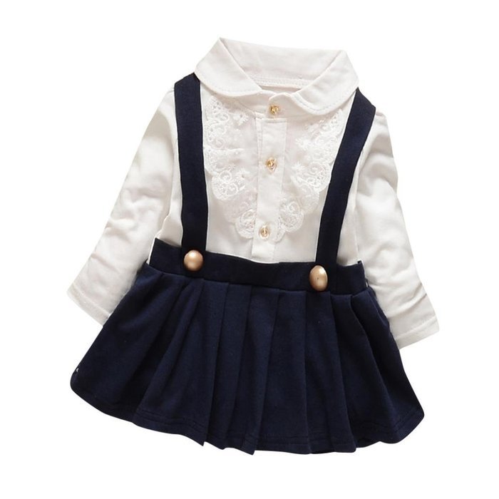 Baby Dress,Laimeng Baby Girl Outfit Fake Two Piece Long-Sleeved Strap Lace Dress Layered Dress (S, Navy) N3