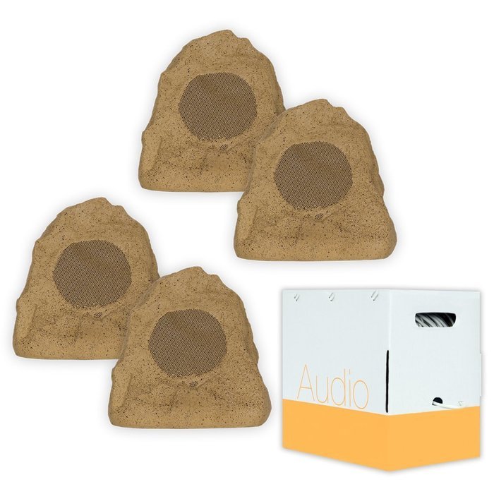 Theater Solutions 4R4S Outdoor Sandstone Rock 4 Speaker Set with Wire for Deck Pool Spa Patio Garden