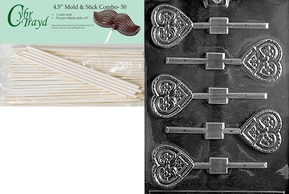Cybrtrayd 45St50-V073 Love Birds Heart Lolly Valentine Chocolate Candy Mold with 50 4.5-Inch Lollipop Sticks