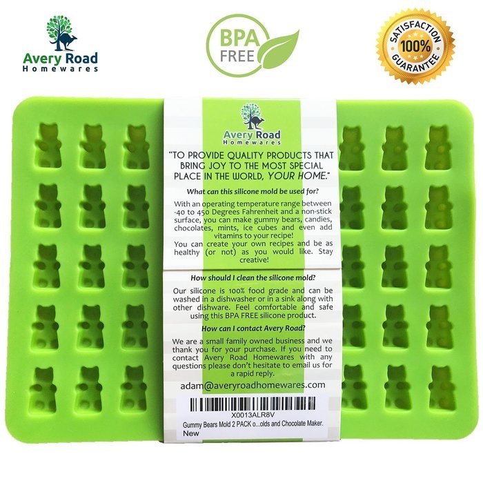 Premium Gummy Bear Mold - 2 PACK - BONUS DROPPER - 100 Bears on Trays + RECIPE PDF - Silicone Molds 100% Food... N2
