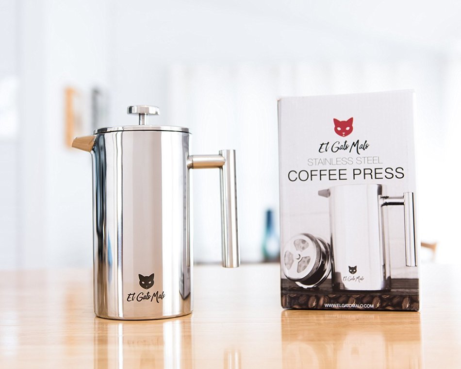 Premium Stainless Steel French Press With Lustrous Shine Polish - El Gato Malo Coffee & Tea Maker - 34oz / 1L N8