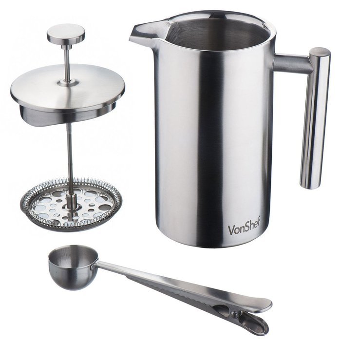 VonShef Double-Wall Keep Warm Satin Brushed Stainless Steel French Press Cafetiere Coffee Filter(3 Cup w/ Measuring... N5