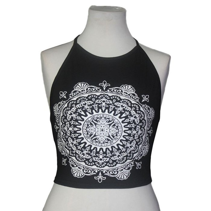 PHOTNO Womens Mandala Print Sleeveless Halterneck Tank Crop Tops Vest Blouse T-Shirt N7