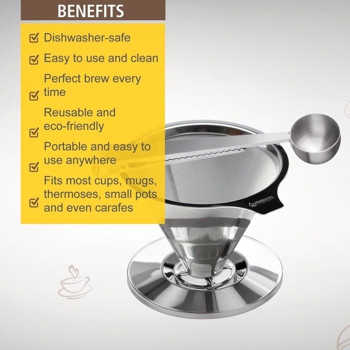 Stainless Steel Pour Over Coffee Dripper By Housewares Solutions + Bonus Coffee Scoop With Built In Bag Clip N4