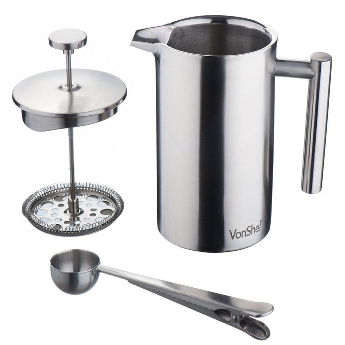 VonShef Double-Wall Keep Warm Satin Brushed Stainless Steel French Press Cafetiere Coffee Filter(3 Cup w/ Measuring... N9
