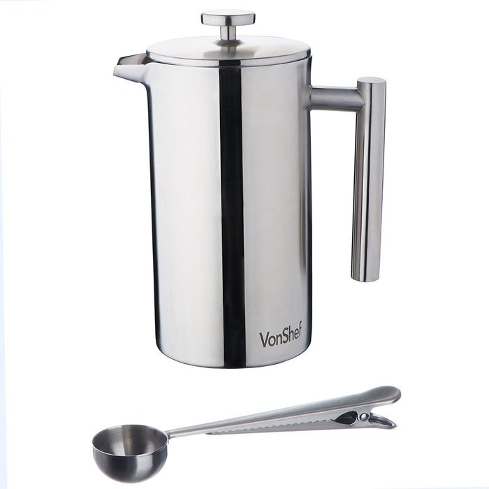 VonShef Double-Wall Keep Warm Satin Brushed Stainless Steel French Press Cafetiere Coffee Filter(3 Cup w/ Measuring... N10
