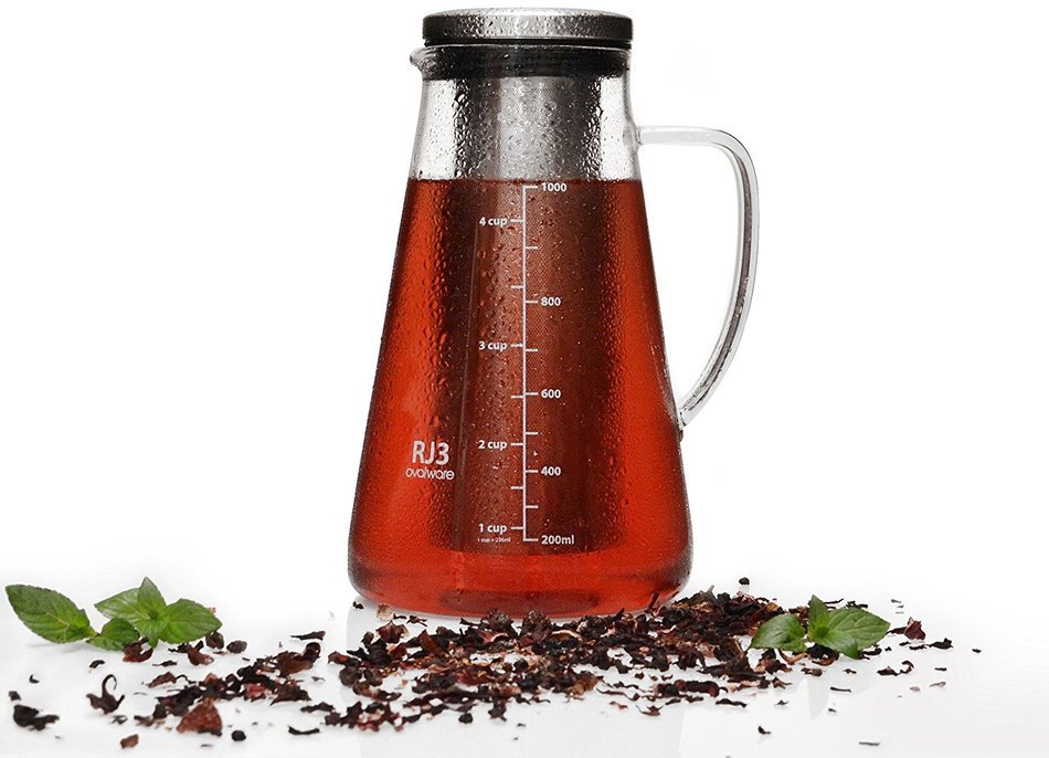 Airtight Cold Brew Iced Coffee Maker and Tea Infuser with Spout - 1.0L Ovalware RJ3 Brewing Glass Carafe with... N5