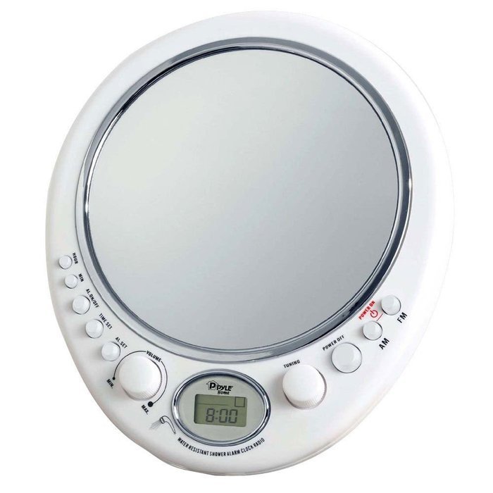 NEW Pyle PSR9 Fog Free Shaving Mirror w/AM/FM Radio & Clock, Water Resistant N3