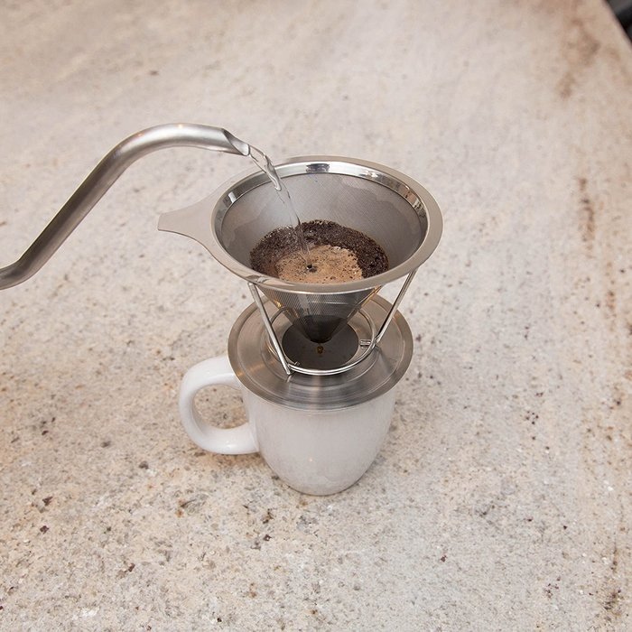 BOCHA - Pour Over Coffee Cone Dripper, Permanent and Reusable Stainless Steel Filter with Cup Stand