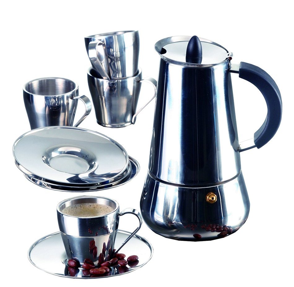 IMUSA B120-22069SET Stainless Steel Espresso Set with Stovetop Coffeemaker, Cups and Saucers, Silver, 9-Piece N3