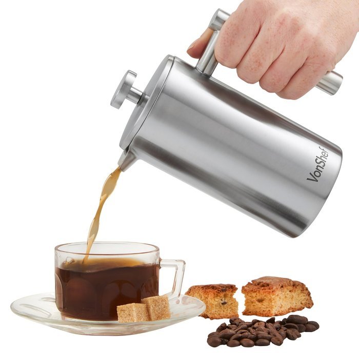 VonShef Double-Wall Keep Warm Satin Brushed Stainless Steel French Press Cafetiere Coffee Filter(3 Cup w/ Measuring... N11
