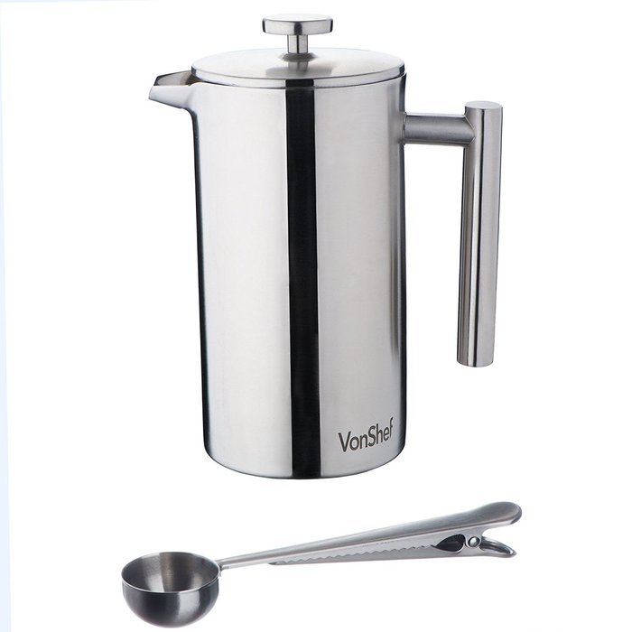 VonShef Double-Wall Keep Warm Satin Brushed Stainless Steel French Press Cafetiere Coffee Filter(3 Cup w/ Measuring... N12