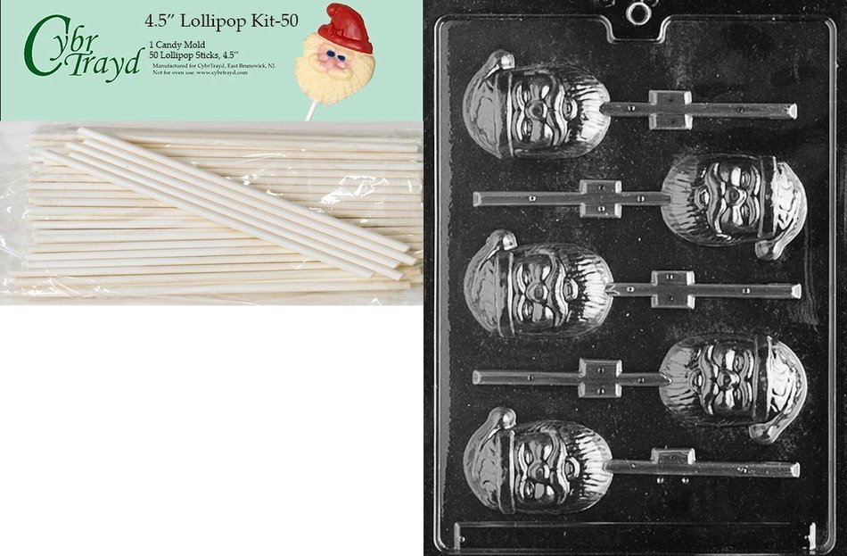 Cybrtrayd 00045St50-C069 Santa Pop Christmas Chocolate/Candy Mold with 50 4.5-Inch Lollipop Sticks