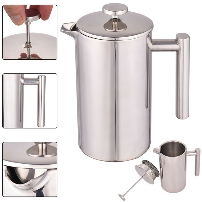 34 OZ Double Wall Stainless Steel Coffee Plunger 8-Cup French Coffee ...