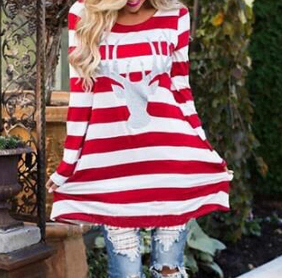 Stripe Dress,Morecome Women FashionChristmas Elk Long Sleeve Dress (XL, Red) N4
