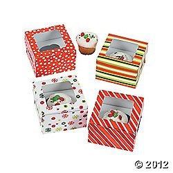 SET OF 12 STRIPED & SNOWFLAKE CUPCAKE BOXES with Insert - 4 FUN DESIGNS - 4.5" x 4.5" x 3"