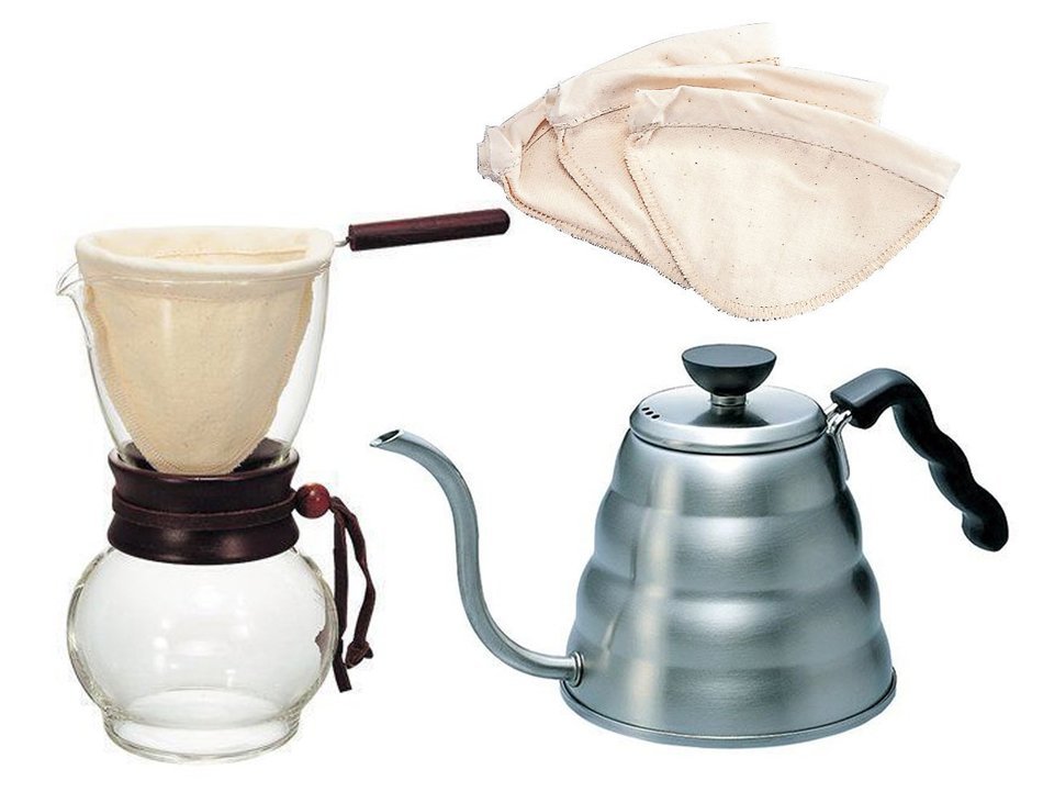 Hario Kettle, Drip Pot Woodneck and 3 Extra Filters (for a total of 4 filters)