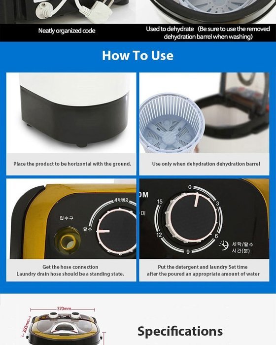 Daewoong Portable Mini Washing Machine UQW-4000D 240W Easy Speedy Convenience N2