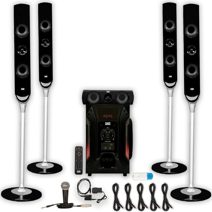 Acoustic Audio AAT1000 Tower 5.1 Speakers with USB Bluetooth Optical Input Mic and 5 Extension Cables