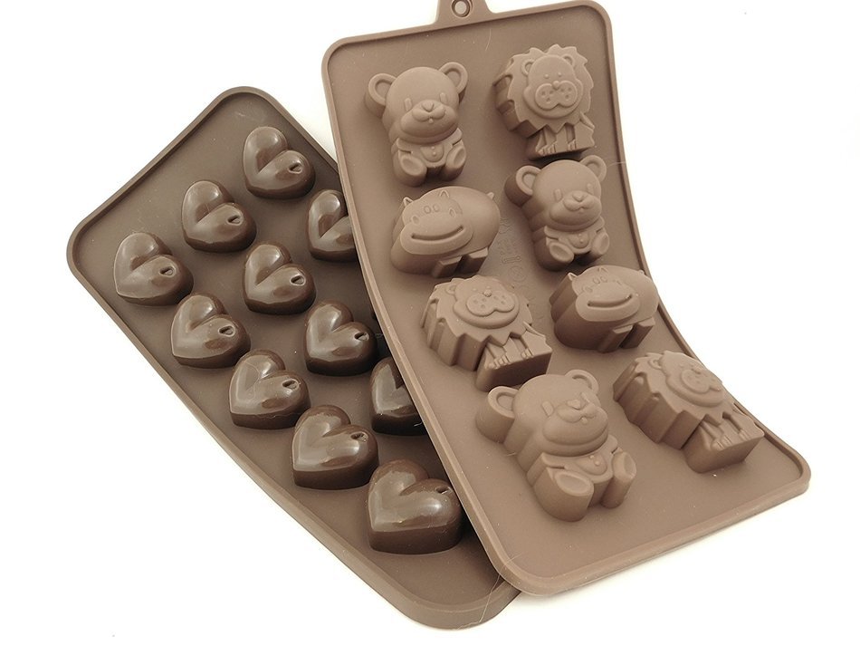 Set 2 silicone Chocolate Candy Molds; 1 Hearts mold and 1 mold of Hippos/Lions/Bears. Ice cubes, Candies, Gummies... N8
