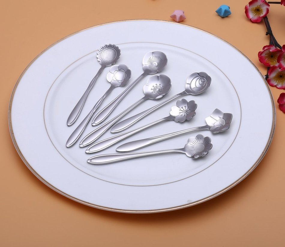 CHICHIC 8 Pcs Stainless Steel Tableware Creative Flower Coffee Spoon, Stirring Spoon, Sugar Spoon, Stir Bar Spoon... N21