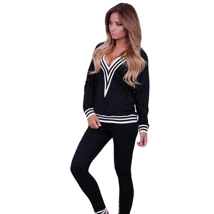 Sweatshirt Set,Morecome Women Sweatshirt V Neck Long Sleeve Blouse Long Pants Outfit (XL, Black) N3