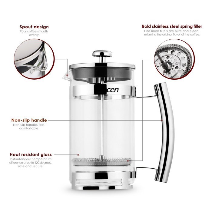 Decen French Press & Press Pot with Stainless Steel Stand - 8 Cups/4mug in 34Oz
