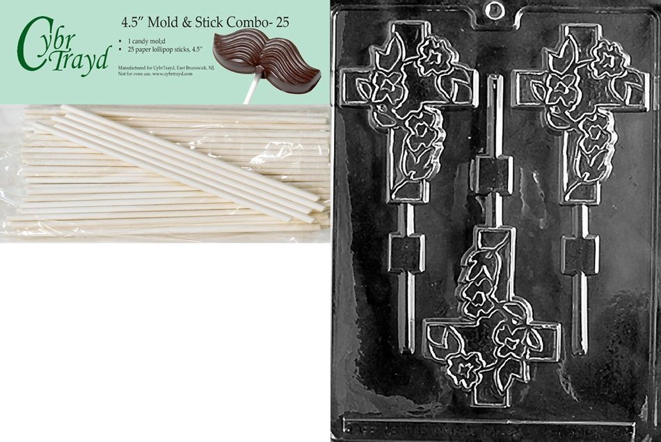 Cybrtrayd Fancy Cross Lolly Chocolate Candy Mold with 25 4.5-Inch Lollipop Sticks and Exclusive Cybrtrayd Copyrighted... N3