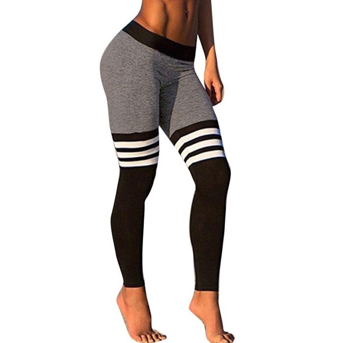 PHOTNO Women Fitness Yoga Leggings High Waist Stripe Patchwork Skinny Push Up Pants N15