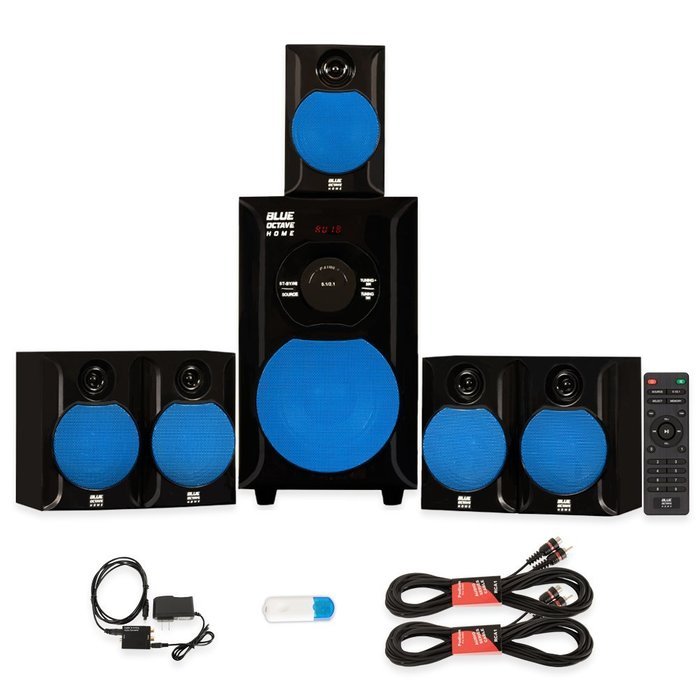 Blue Octave B51 Home Theater 5.1 Speaker System with USB Bluetooth Optical Input and 2 Extension Cables