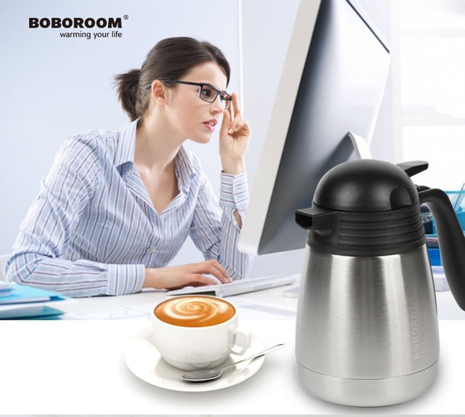 BOBOROOM 600ml Double Wall Vacuum Insulated 304 Stainless Steel Thermal Carafe / Coffee Pot, with Thumb Press... N8