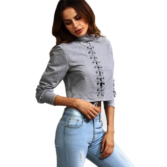 Women's Bandage,Laimeng Fashion Cotton Bandage High Collar Long Sleeve Casual Tops (M, Gray) N4