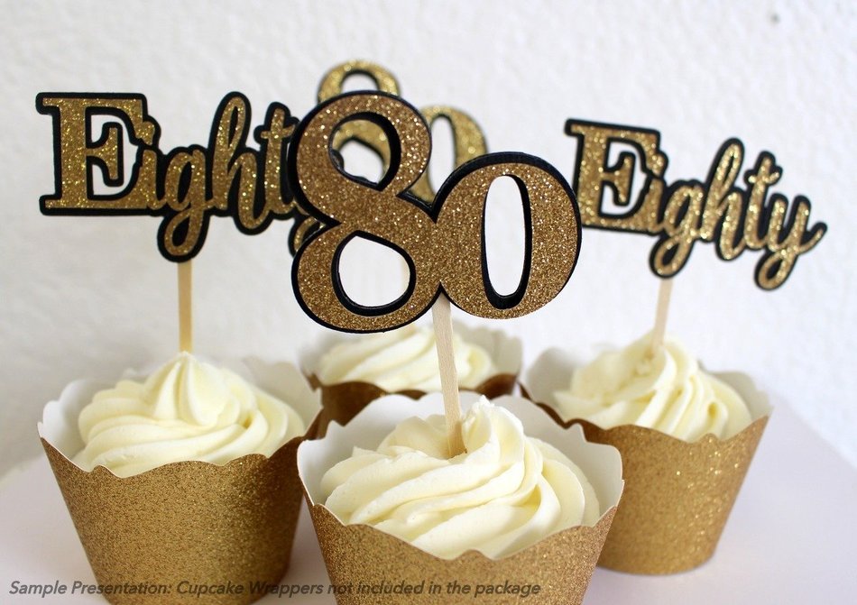 All About Details Black & Gold Eighty Cupcake Toppers, Set of 12 N2