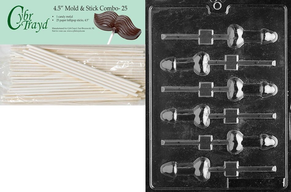 Cybrtrayd 45St25-XX509 Small Pecker Pop Chocolate Candy Mold with 25 Lollipop Sticks, 4.5-Inch