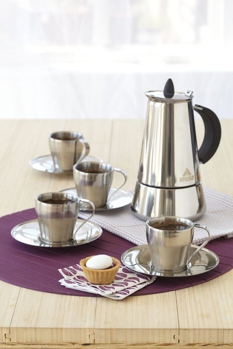 IMUSA B120-22069SET Stainless Steel Espresso Set with Stovetop Coffeemaker, Cups and Saucers, Silver, 9-Piece N4