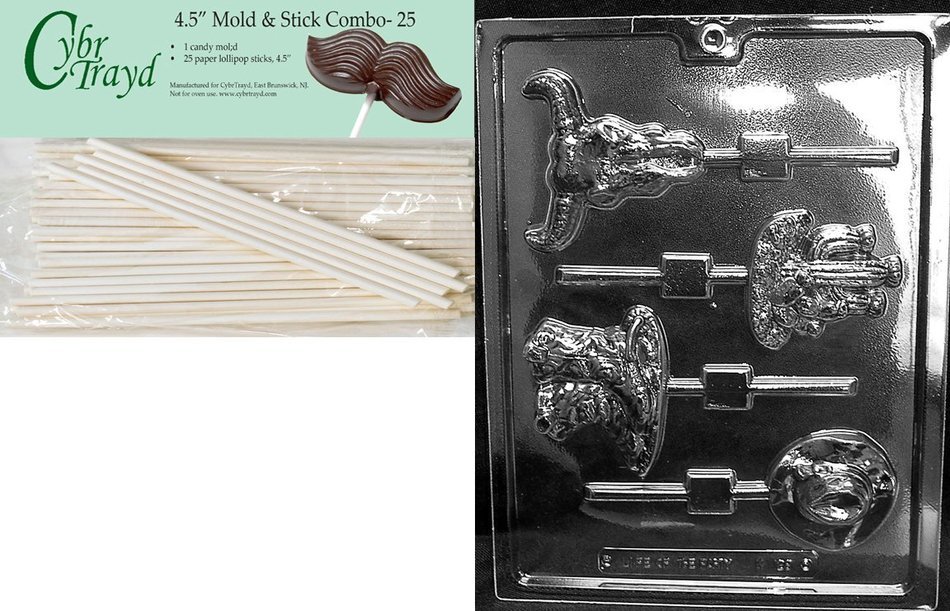 Cybrtrayd 45St25-K128 Western Theme Pops Kids Chocolate Candy Mold with 25 Cybrtrayd 4.5-Inch Lollipop Sticks