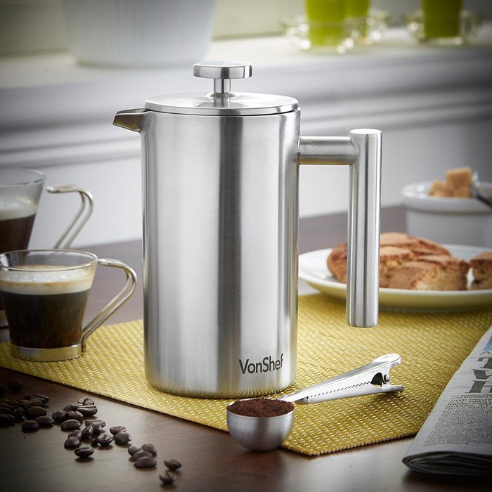 VonShef Double-Wall Keep Warm Satin Brushed Stainless Steel French Press Cafetiere Coffee Filter(3 Cup w/ Measuring... N15