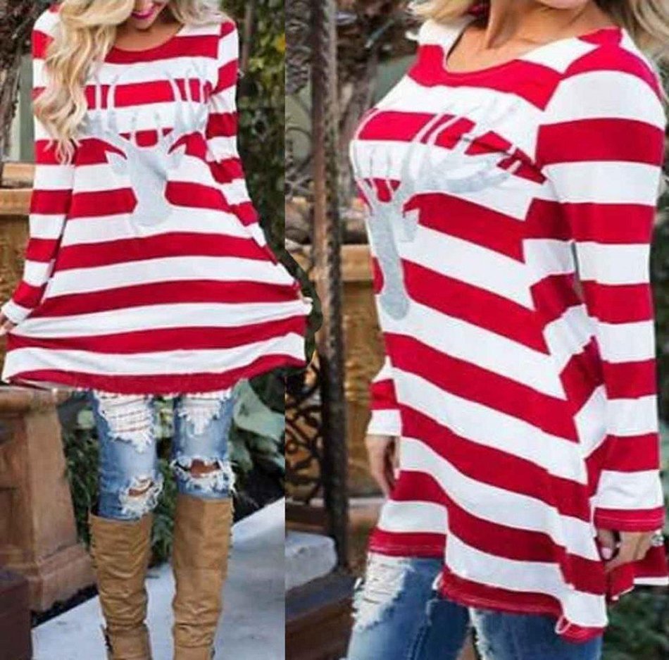 Stripe Dress,Morecome Women FashionChristmas Elk Long Sleeve Dress (XL, Red) N5