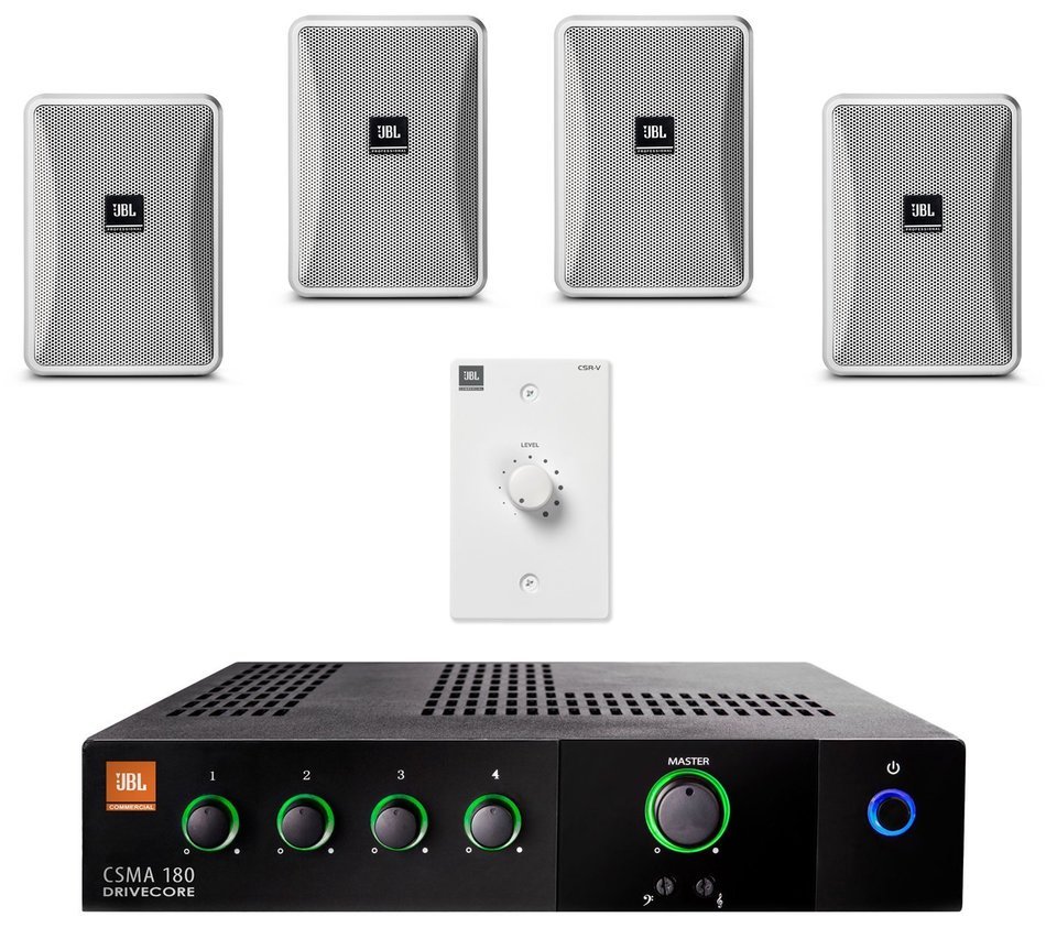 Complete Restaurant Sound System Package with 4 JBL Control 23-1 Wall Mount Loudspeakers, Mixer Amplifier, and... N5