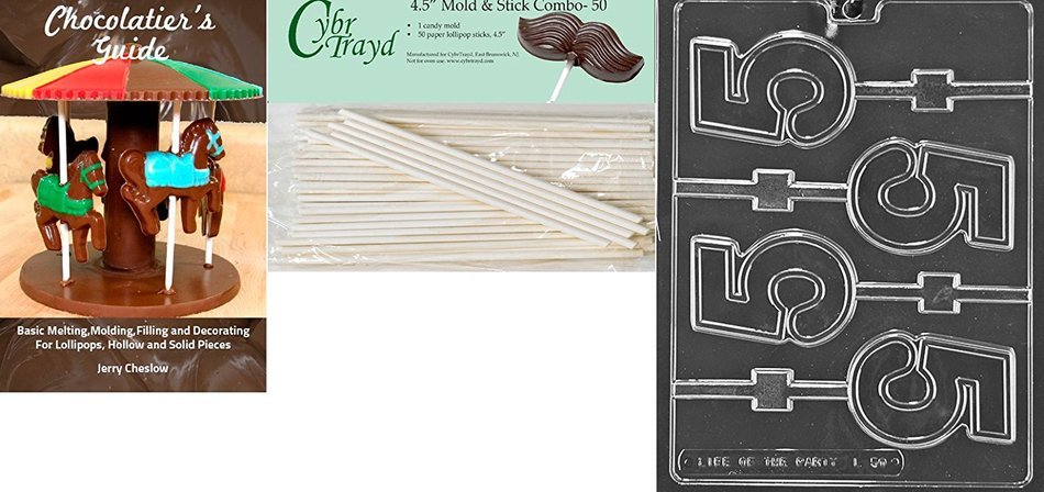 Cybrtrayd 'No. 5 Lolly' Letters and Numbers Chocolate Candy Mold with 50 4.5-Inch Lollipop Sticks and Chocolatier's...