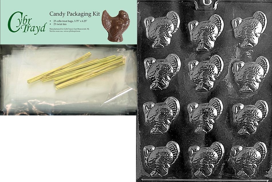 SMALL TURKEYS Thanksgiving Chocolate Mold with Chocolate Packaging Kit (25 Cello Bags, 25 Gold Twist Ties, Chocolate...