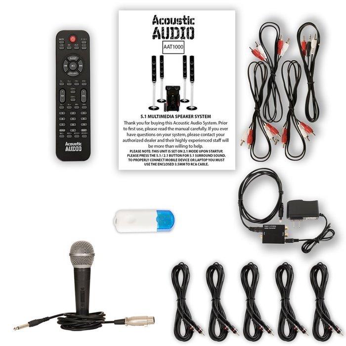 Acoustic Audio AAT1000 Tower 5.1 Speakers with USB Bluetooth Optical Input Mic and 5 Extension Cables N2