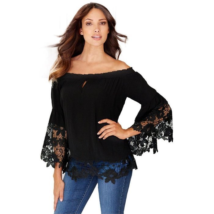 Hot Sale,Laimeng Milk Silk Womens Long Sleeve Shirt Casual Lace Blouse Loose Cotton Tops T Shirt (L, Black) N12