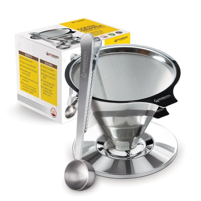 Stainless Steel Pour Over Coffee Dripper By Housewares Solutions + Bonus Coffee Scoop With Built In Bag Clip N5